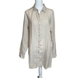 Tahari 100% Linen Tunic Top Button Up Adjustable Long Sleeve Slit Sides Ivory LG